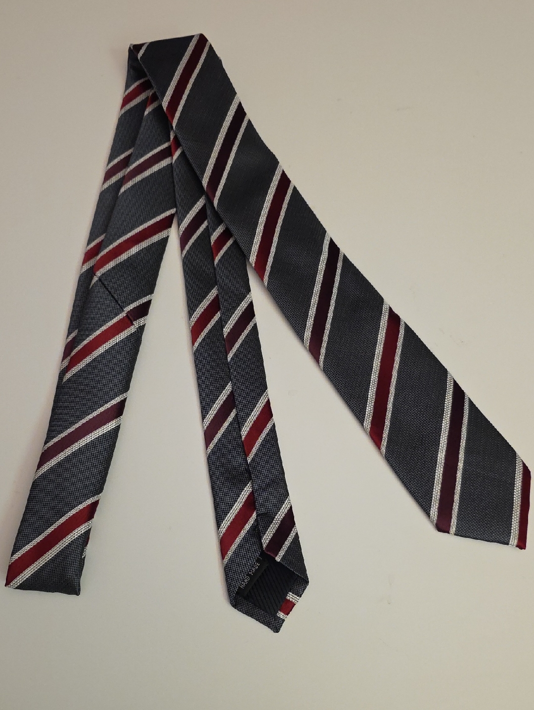 Men's Grey Stripe Tie With Burgundy And White Accents